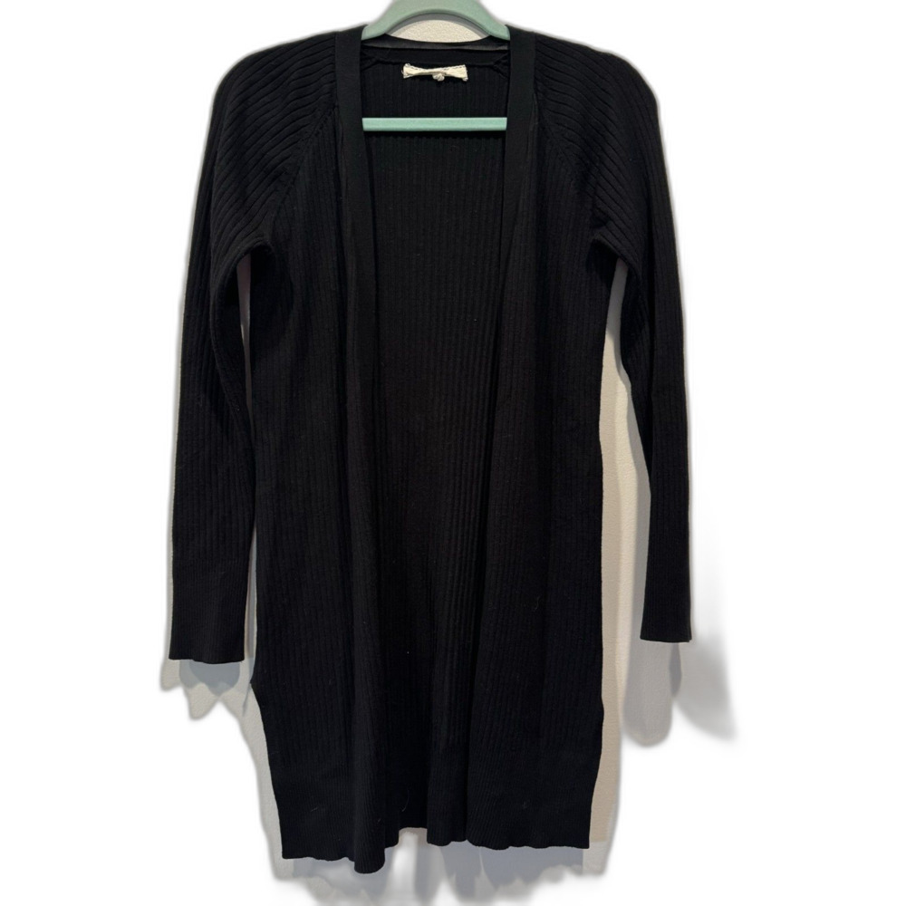 Cardigan Longline Sweater Ribbed Open Front Black Office Layering Women Medium